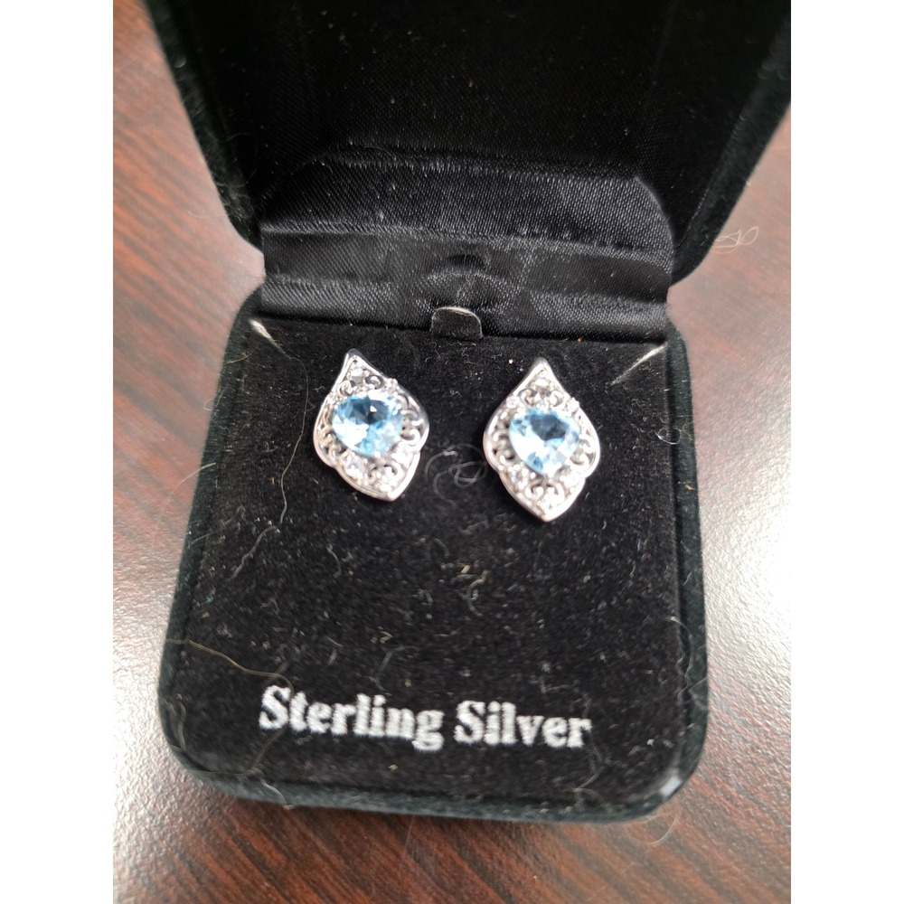 Sterling Silver Blue Topaz Heart Filigree Marquise Stud Earrings Vintage Style - Picture 9 of 16